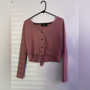 Mink Pink Ribbed Button-Up Tie Sweater
